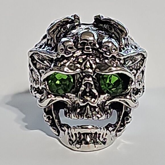 Mens Gothic Skull Ring Green Eyes W/Engraving Skulls Adjustable Open Band Alloy - Picture 2 of 6
